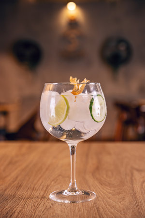 Alcohol refreshing cocktail with lemon and cucumber in glass gobletの写真素材