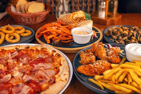 Brunch table setting with different delicious food in restaurant
