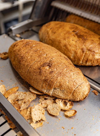 Bread slicing machine. Sliced bread on the production line of food and bakery products.
