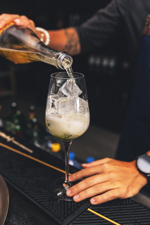 Barman is preparing a delicious cocktail with ice