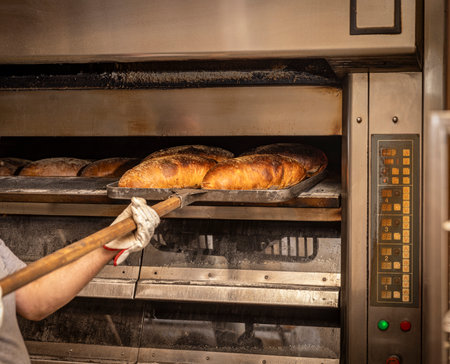 Fresh hot baked bread loaf. Bread baking industry