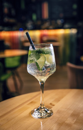 Alcohol drink, gin tonic cocktail with lime served whit drinking strawの写真素材