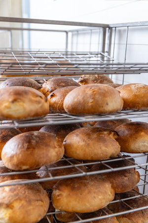 Shelves with bread at the bakery manufacturing, close up