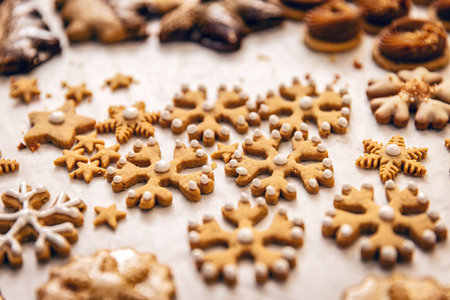 Iced gingerbread cookies. Christmas baking and cooking conceptの写真素材