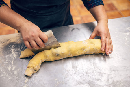 Preparation of poppy seeds babka, traditional jewish bread-like cake swirled with poppy seedsの写真素材