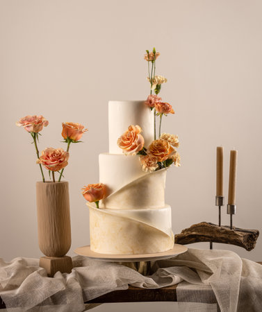 Three tiered wedding cake decorated with peach fuzz colored flowers