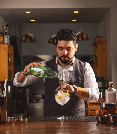 Bartender preparing cocktail, measuring alcohol with jigger on bar counter