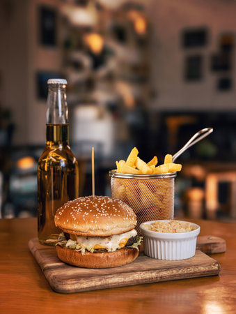 Juicy hamburger served with fries, coleslaw and beer