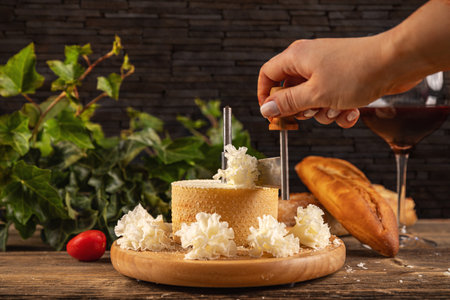 Woman slicing delicious cheese on a wooden boardの写真素材