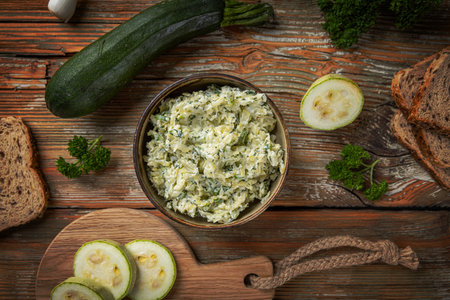 Bowl of delicious zucchini cream cheese spread on rustic wooden tableの写真素材