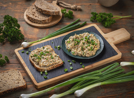 Healthy whole wheat bread topped with tuna spread, garnished with fresh chivesの写真素材