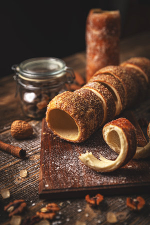 Traditional Hungarian chimney cake sliced and sprinkled with sugar on wooden board
