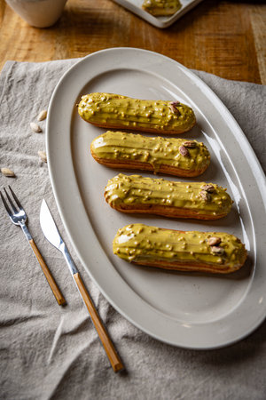 Traditional French dessert. Beautiful eclairs with pistachio icingの写真素材