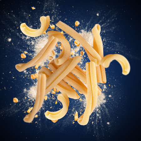 Caserecce pasta pieces exploding with flour and whole wheat grains on a blue backgroundの写真素材