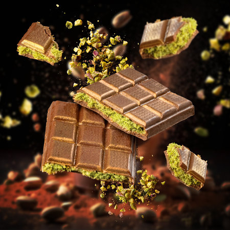 Tasty chocolate bars with pistachio filling exploding on dark backgroundの写真素材