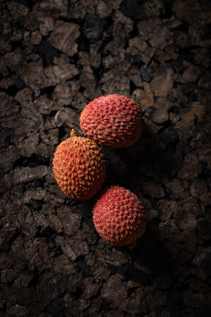 Fresh lychees resting on a dark, textured surfaceの写真素材