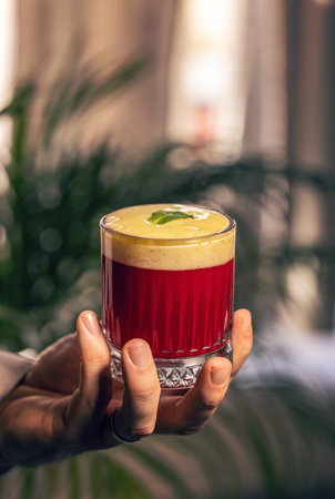 Hand holding a vibrant layered cocktail with a red base, yellow top, and mint leaf garnish, in a luxurious bar settingの写真素材