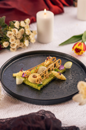 Gourmet fine dining festive dish, showcasing culinary artistryの写真素材