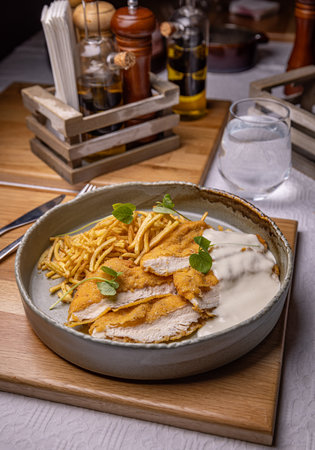 Breaded chicken breast with white sauce and matchstick potatoes served on restaurant tableの写真素材
