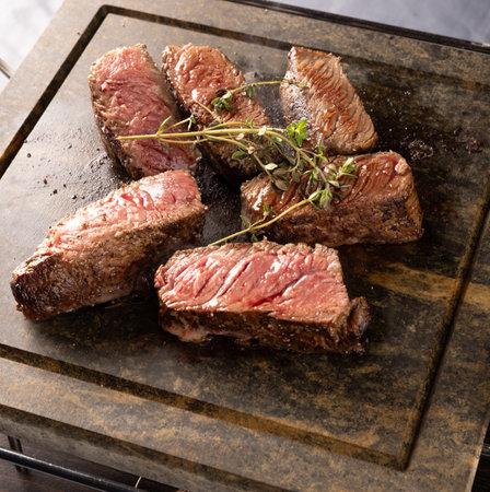 Close up of juicy grilled steaks with fresh herbsの写真素材