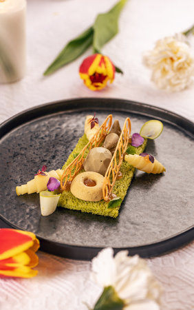 Restaurant festive menu garnished with edible flowers and artistic lattice, surrounded by colorful flowersの写真素材