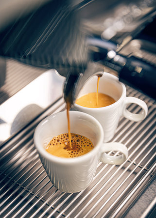 Coffee machine pouring espresso into two white cupsの写真素材