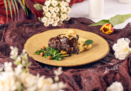 Still life of romantic dinner, beef tenderloin with potato puree, spinach and chickpeasの写真素材