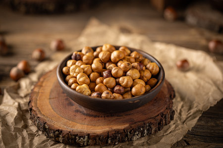 Close up of roasted hazelnuts filling a dark bowl placed on a wooden board, creating a cozy autumnal...