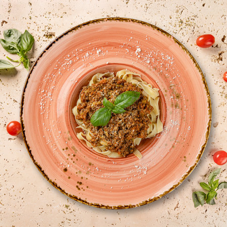 Delicious tagliatelle with bolognese sauce, parmesan and basil on elegant pink plateの写真素材