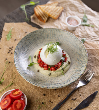 Burrata cheese resting on hummus with diced tomatoes and microgreensの写真素材