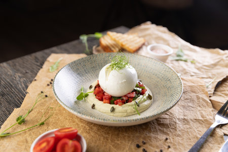 Burrata cheese with fresh tomatoes and hummus appetizer
