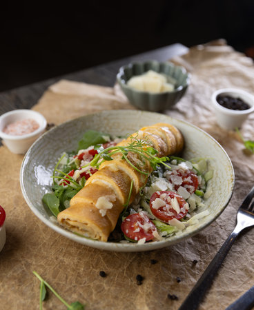 Roll omelette stuffed with cheese served on fresh lettuce