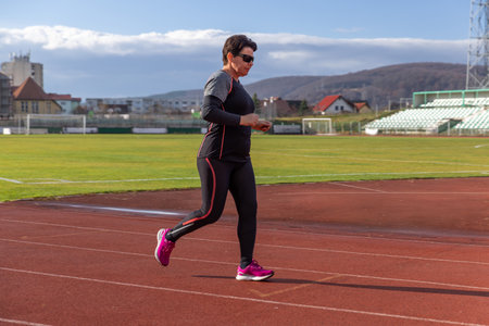 Senior woman running on stadium track, maintaining an active, healthy lifestyle