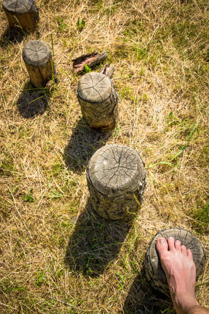Steps in a wooden balance courseの写真素材