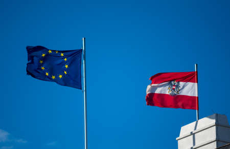 Flag of Austria and the European Union for the EU Counsil Presidencyの写真素材