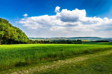 Rural Landscape With Sunlit Clouds In Front Of The Skyline Of Vienna In Austria