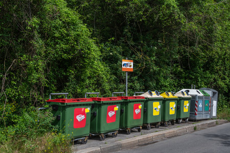 Waste Separation In Different Collection Containers In Front Of Forestの写真素材
