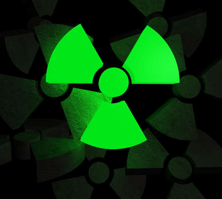 Glowing radioactive symbol in front of many stone made symbols