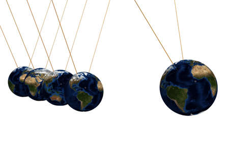 3d pendulum made of earth textured sphere. Isolated on white backgroundの写真素材