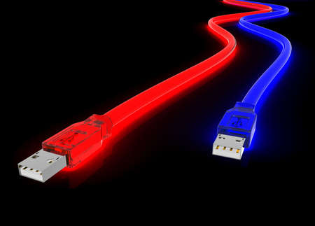 red and blue glowing usb cord made of clear plasticの写真素材