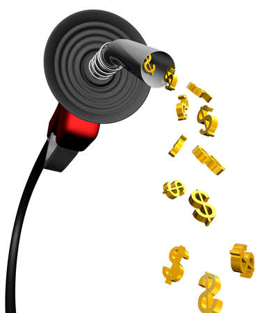 Dollar symbol coming out of a gas pump nozzle, isolated on white backgroundの写真素材