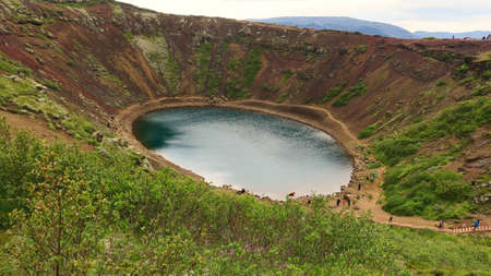 An unusually picturesque lake in a crater after the eruption of the KeriÃ° volcano in Icelandの写真素材