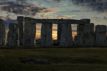 Close up of Stonehenge with winter solstice sunset (simulated), no peopleの写真素材