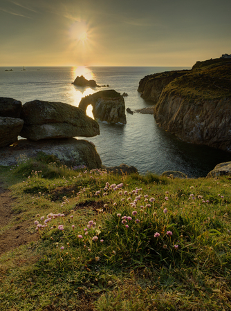 Sunset at Lands End, Cornwall, verticalの写真素材