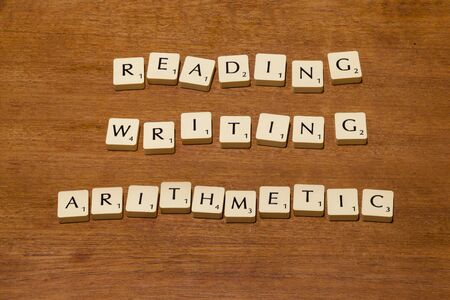 Game letter tiles spelling out reading writing arithmeticのeditorial素材