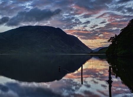 Crummock Water looking towards Mellbreak at sunset, horizontalの写真素材