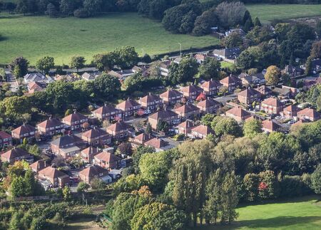 Aerial view of semi detached houses in residential suburbの写真素材