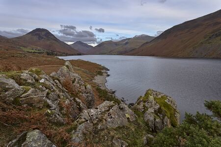 view of wastwater from rocky outcrop towards great gable and scafellの写真素材