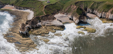 panoramic view of thornwick bay and little thornwick east yorkshireの写真素材