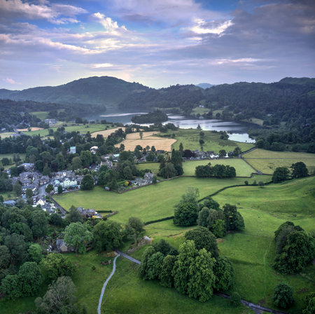grasmere lake and village at sunset